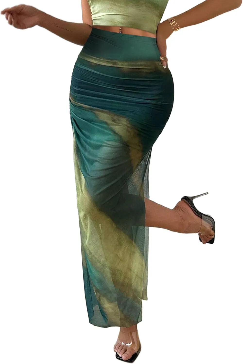 Avanova Womens Tie Dye Mesh Side Slit Maxi Skirts Split High Waisted Long Skirts