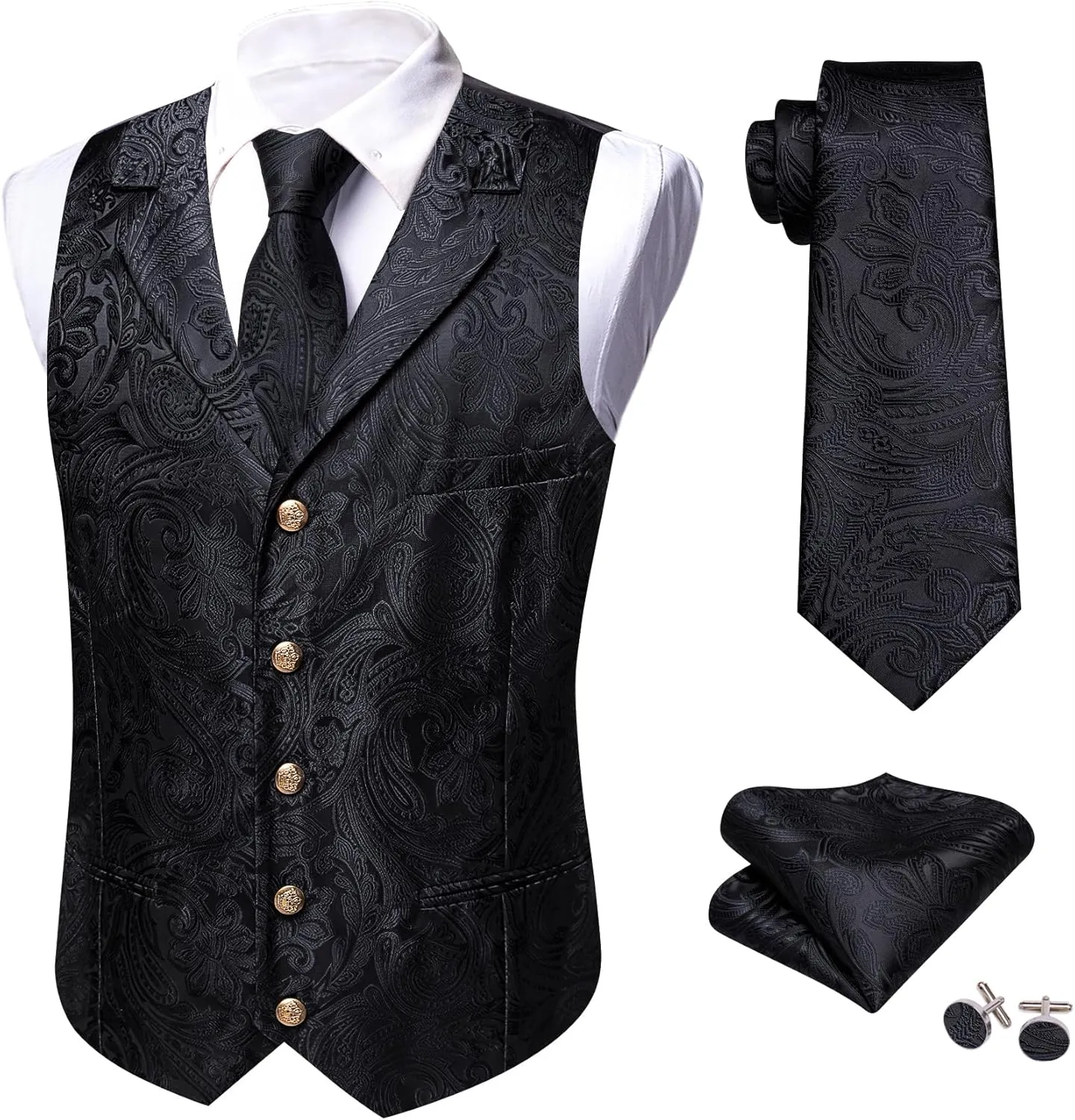 Barry.Wang Mens Silk Lapel/Shawl Collar Vest Tie Sleeve Holder Set Formal/Casual Paisley Vests Wedding Tuxedo Waistcoat