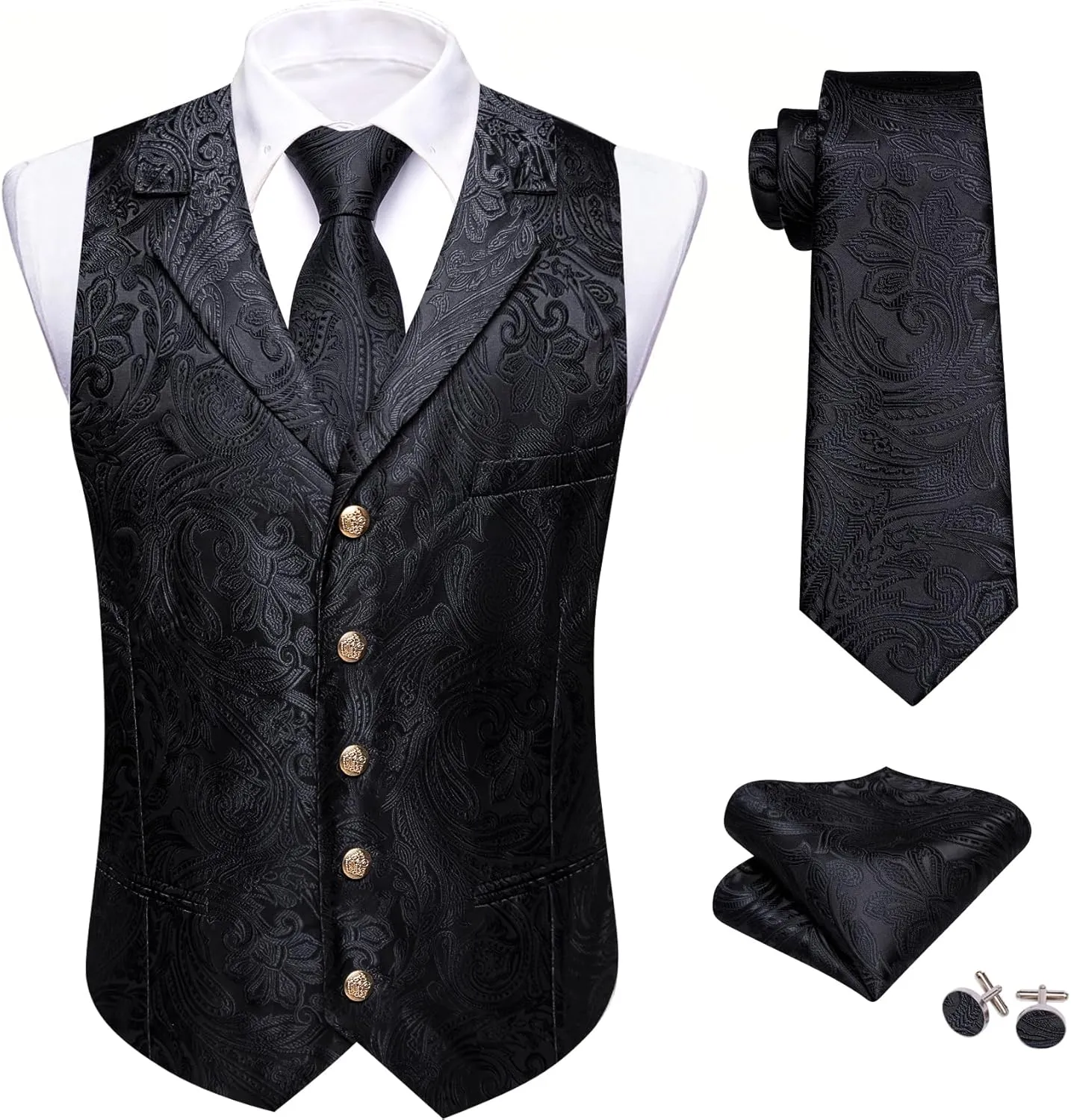 Barry.Wang Mens Silk Lapel/Shawl Collar Vest Tie Sleeve Holder Set Formal/Casual Paisley Vests Wedding Tuxedo Waistcoat