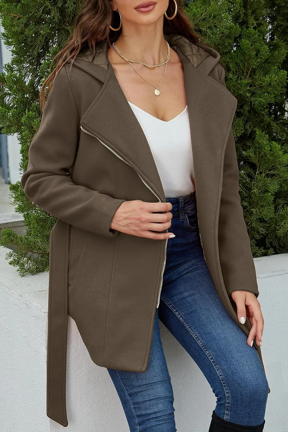 Bellivera Women Wool Jacket Blend Winter Mid Long Trench Coat Warm Pea Overcoat