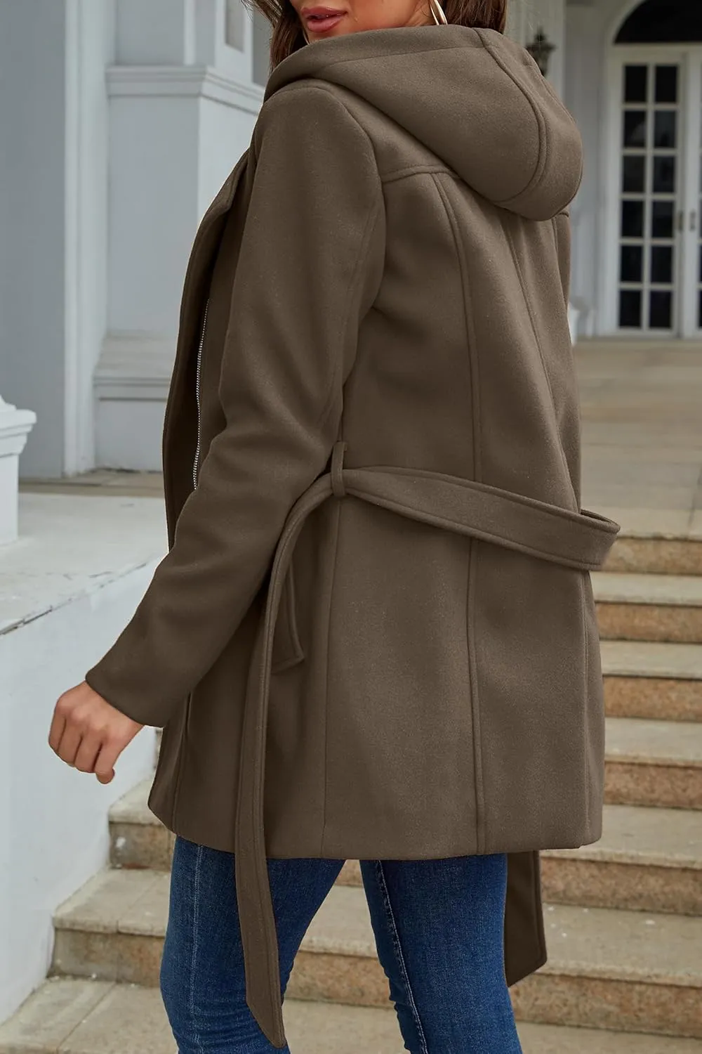 Bellivera Women Wool Jacket Blend Winter Mid Long Trench Coat Warm Pea Overcoat