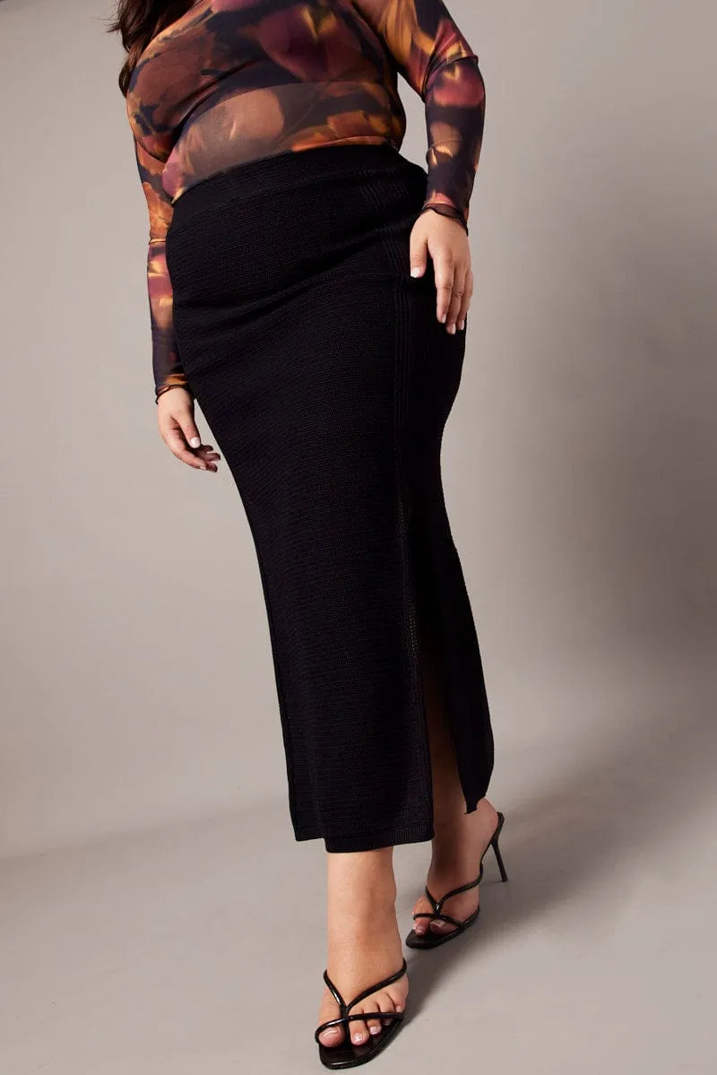 Black Double Split Knit Midi Skirt