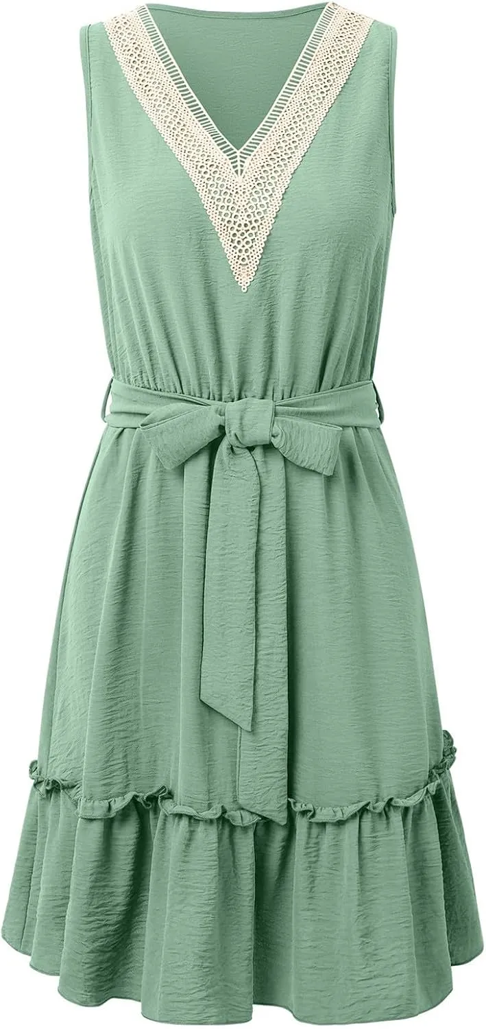 Boho Dresses for Women 2025 Summer Casual V Neck Short Dress Cotton Elastic Waist Sundress Smocked Flowy Tank Dress