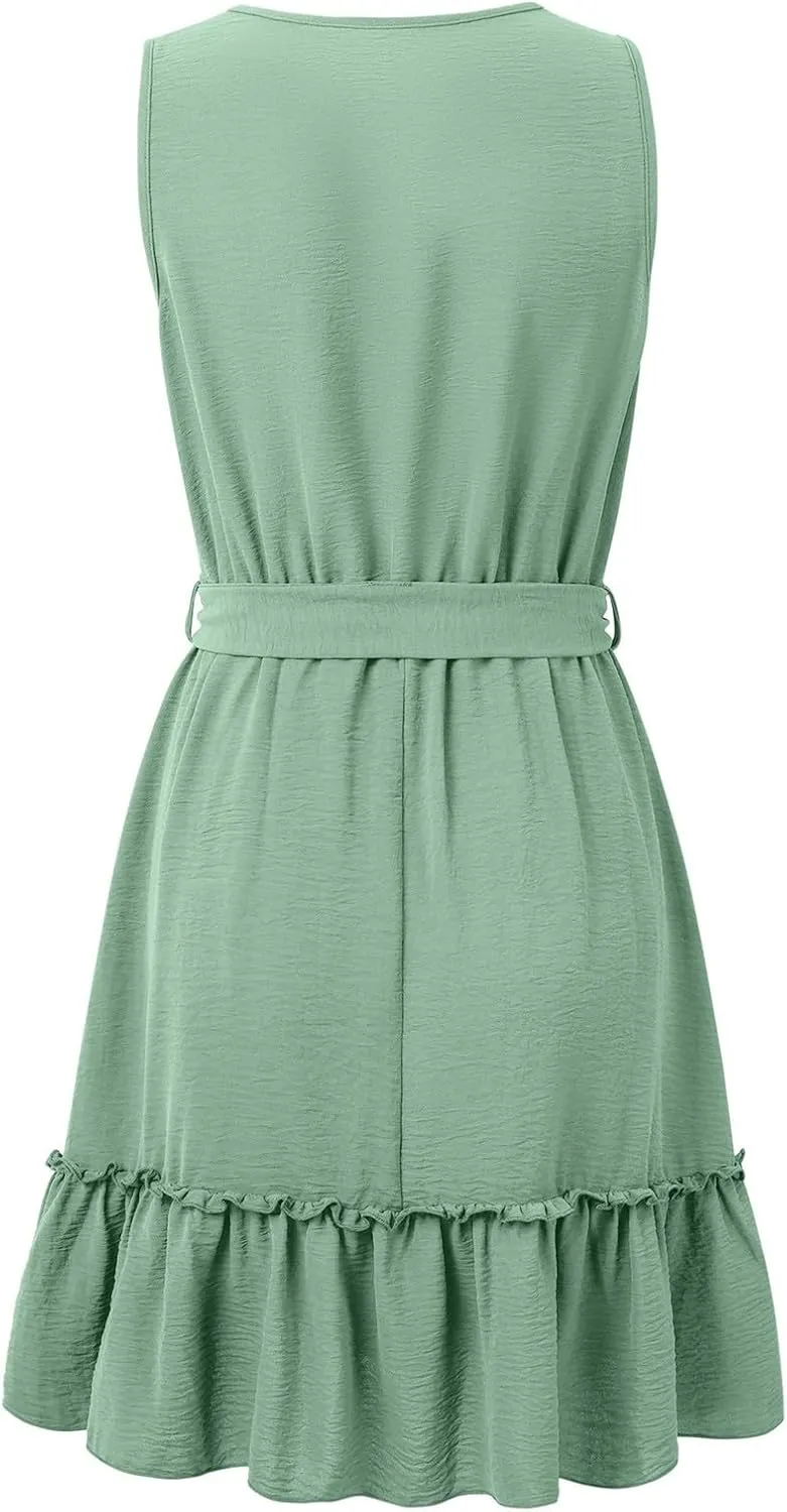 Boho Dresses for Women 2025 Summer Casual V Neck Short Dress Cotton Elastic Waist Sundress Smocked Flowy Tank Dress