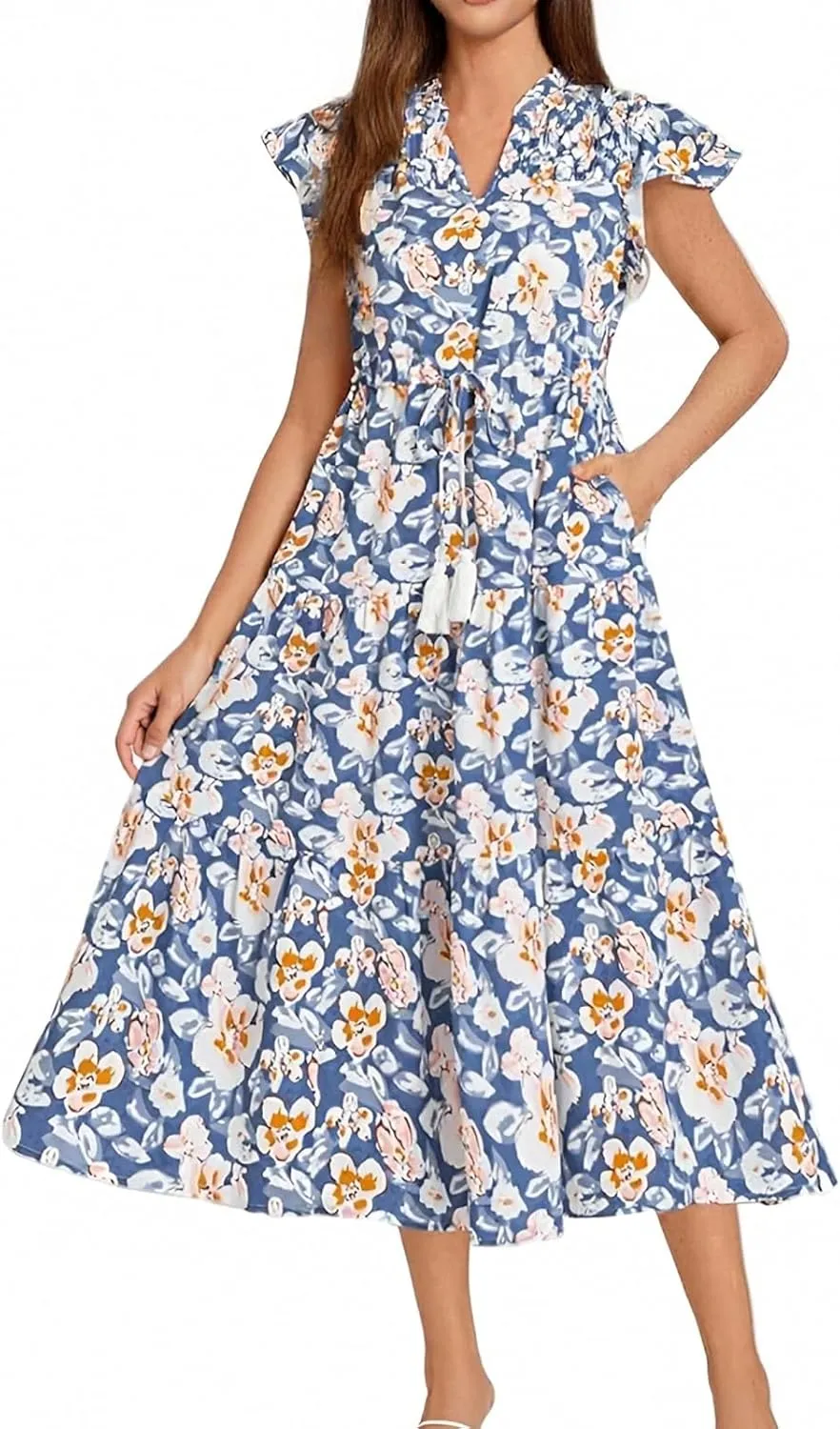 Boho Maxi Dress for Women Spring Short Sleeve Simple Belted Sundress V-Neck Casual Vacation High Waist Long Dress