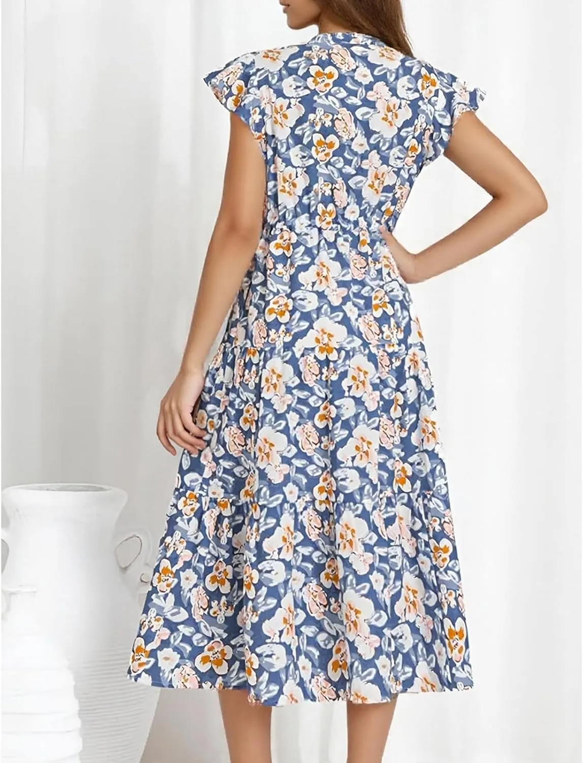 Boho Maxi Dress for Women Spring Short Sleeve Simple Belted Sundress V-Neck Casual Vacation High Waist Long Dress