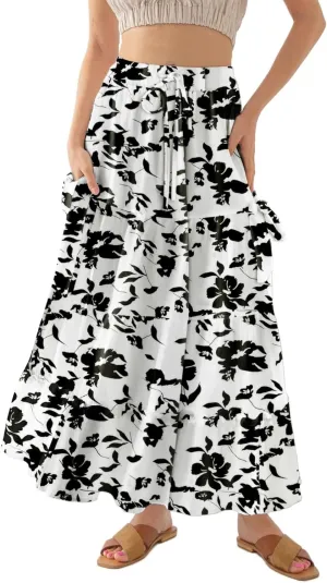 Bsubseach Womens Maxi Skirts 2025 Summer Boho Elastic High Waist Floral Print Pleated Ruffle Flowy Long Skirt with Pockets