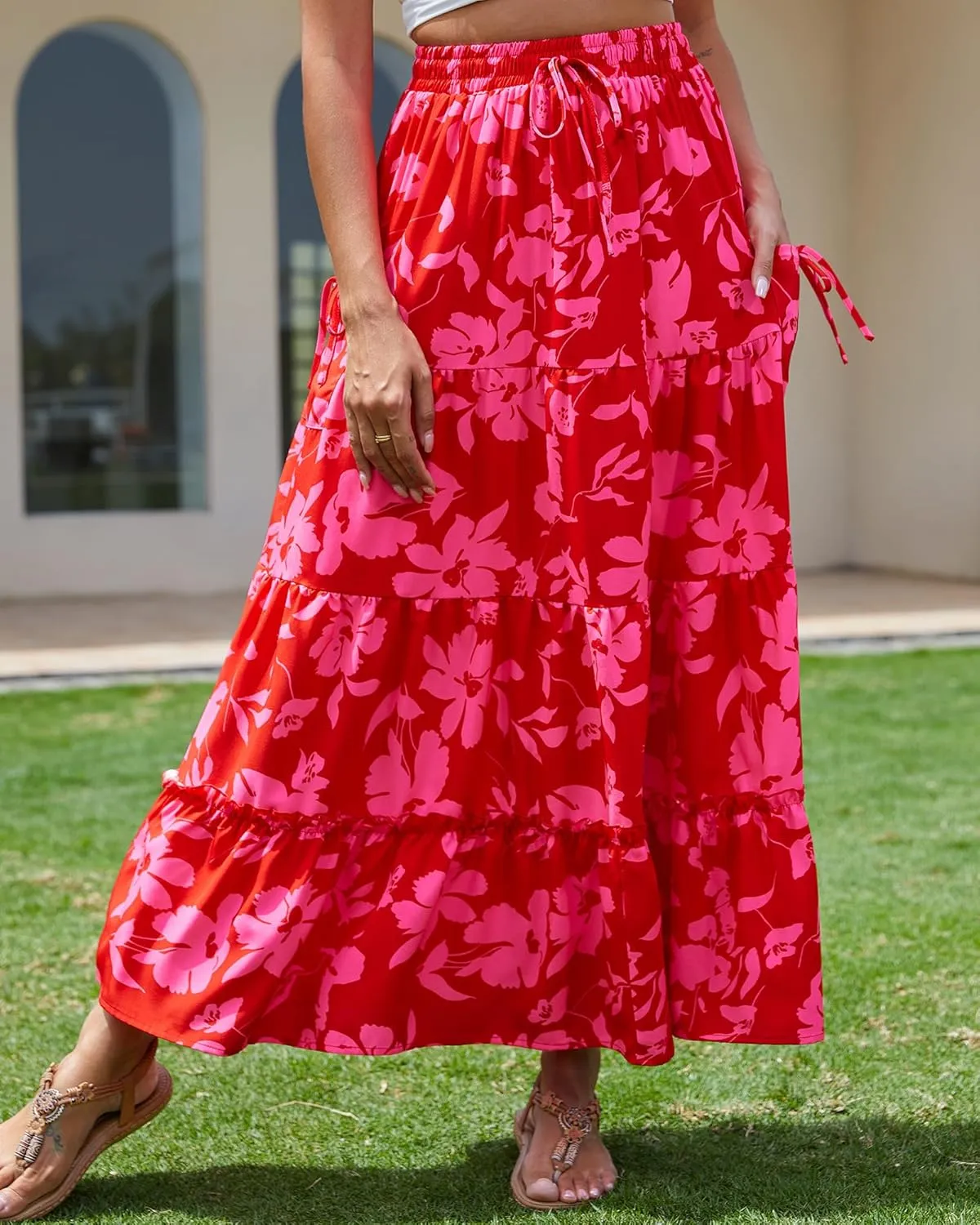 Bsubseach Womens Maxi Skirts 2025 Summer Boho Elastic High Waist Floral Print Pleated Ruffle Flowy Long Skirt with Pockets