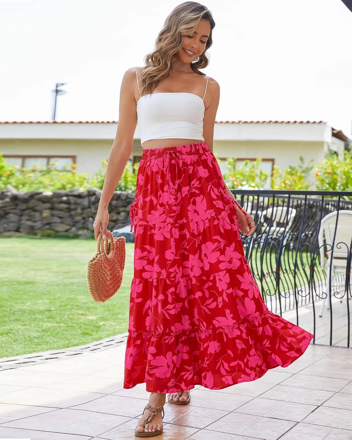 Bsubseach Womens Maxi Skirts 2025 Summer Boho Elastic High Waist Floral Print Pleated Ruffle Flowy Long Skirt with Pockets