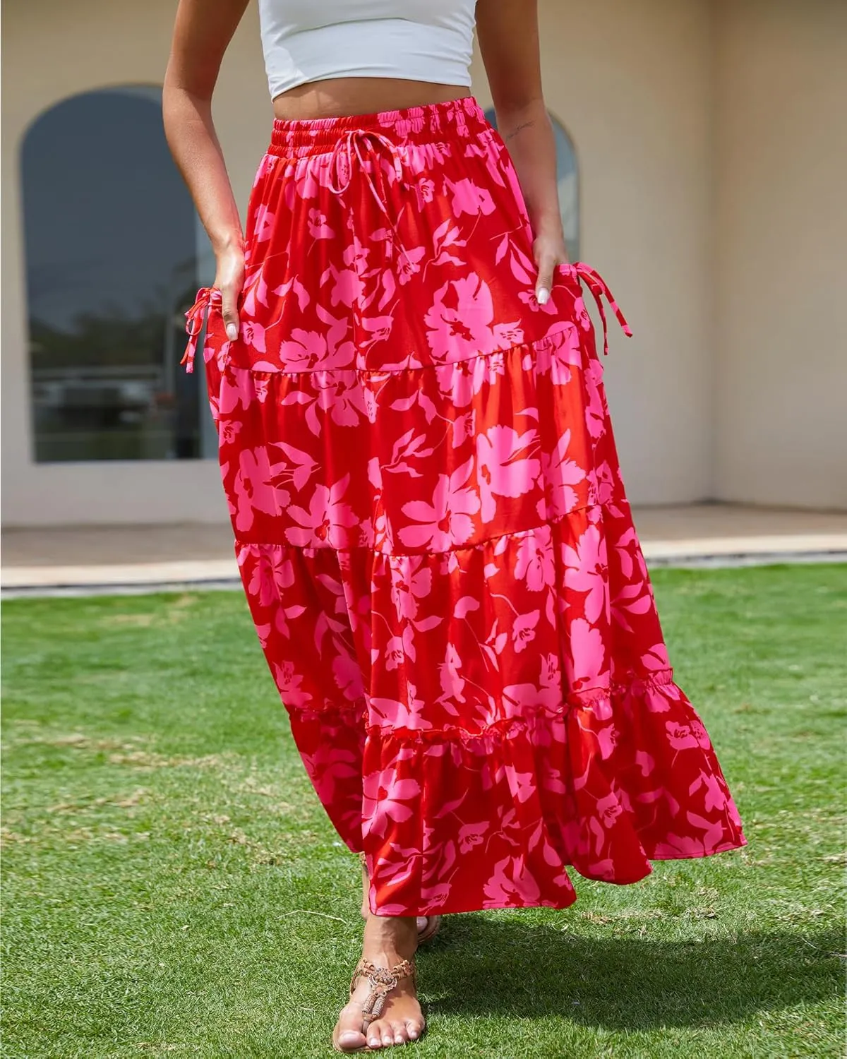 Bsubseach Womens Maxi Skirts 2025 Summer Boho Elastic High Waist Floral Print Pleated Ruffle Flowy Long Skirt with Pockets