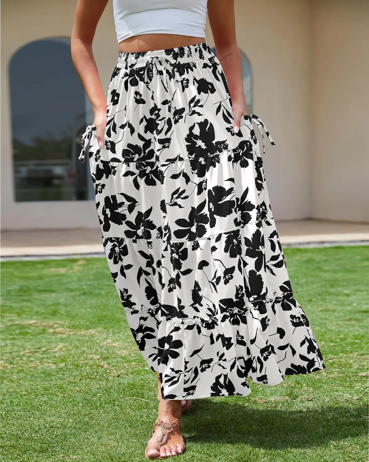 Bsubseach Womens Maxi Skirts 2025 Summer Boho Elastic High Waist Floral Print Pleated Ruffle Flowy Long Skirt with Pockets