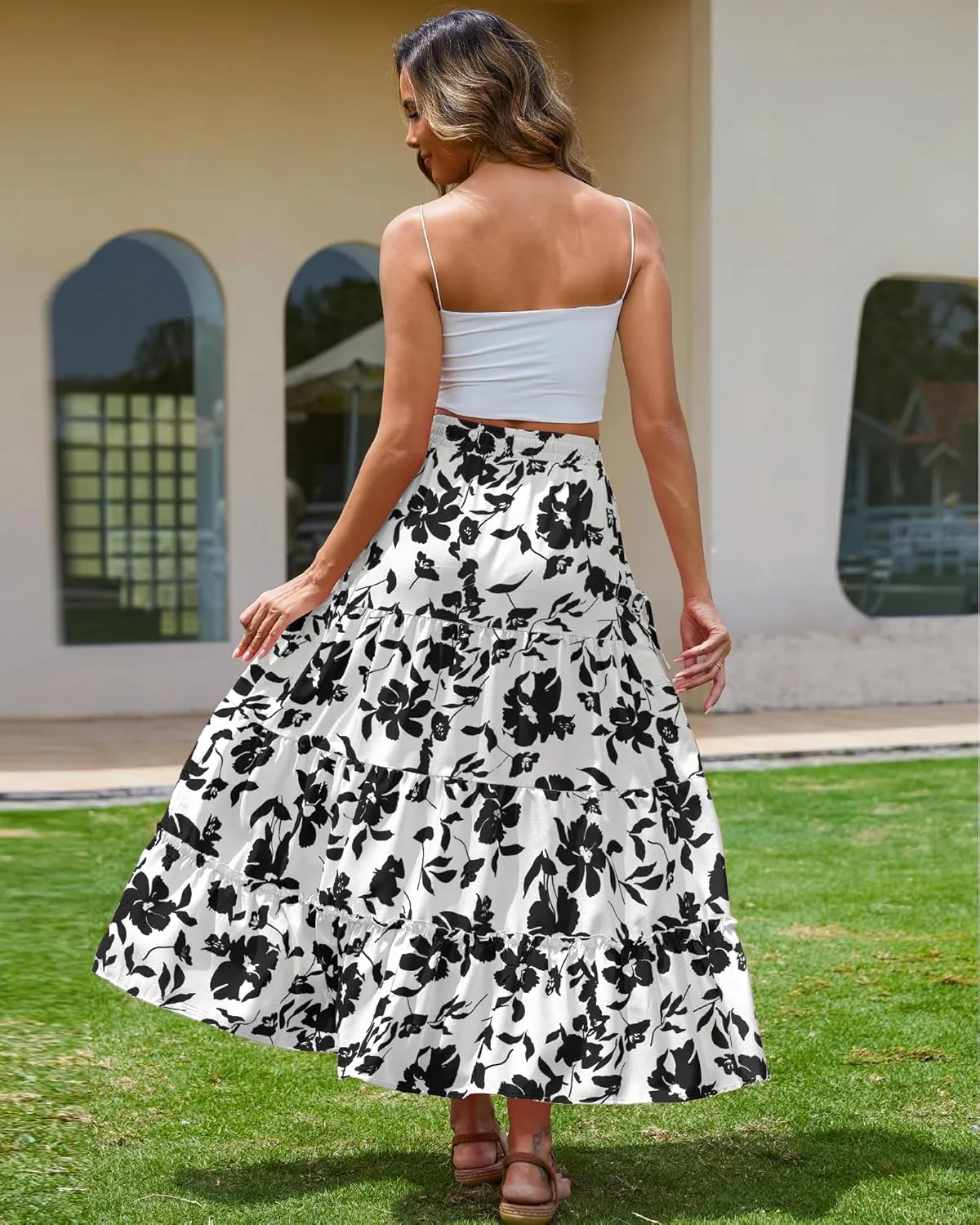 Bsubseach Womens Maxi Skirts 2025 Summer Boho Elastic High Waist Floral Print Pleated Ruffle Flowy Long Skirt with Pockets
