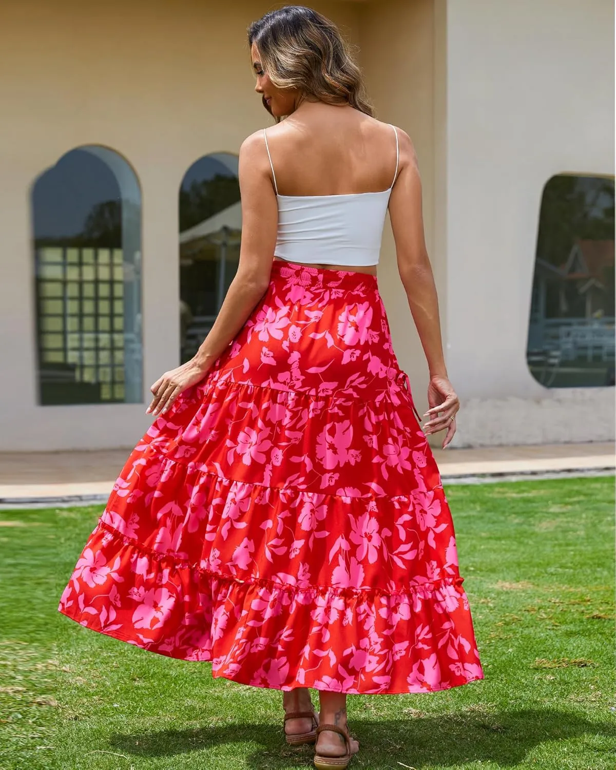 Bsubseach Womens Maxi Skirts 2025 Summer Boho Elastic High Waist Floral Print Pleated Ruffle Flowy Long Skirt with Pockets