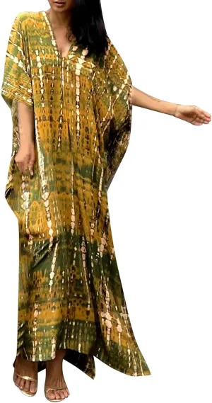 Caftan Dresses for Women Embroidery Short Sleeve Beach Cover Up V Neck Maxi Kaftan Dress