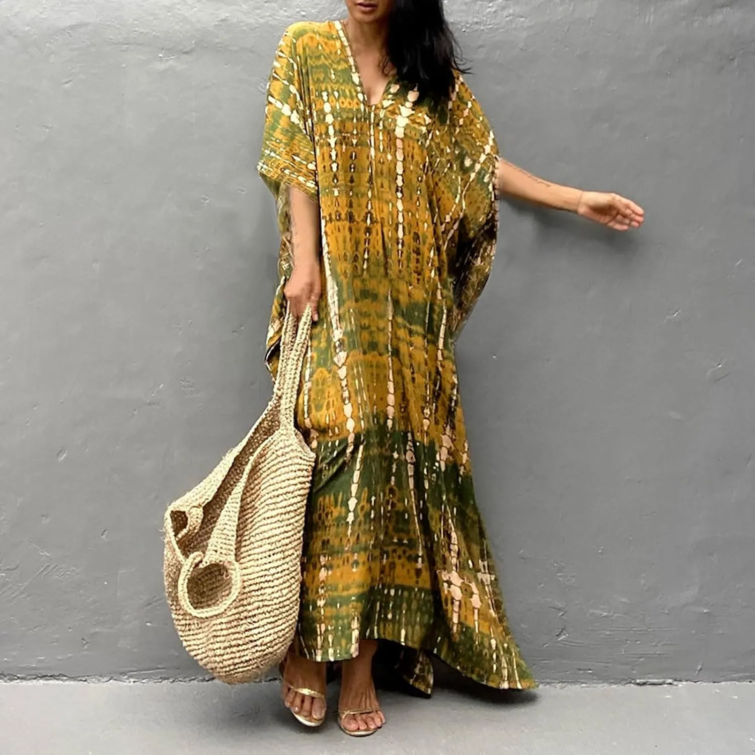 Caftan Dresses for Women Embroidery Short Sleeve Beach Cover Up V Neck Maxi Kaftan Dress