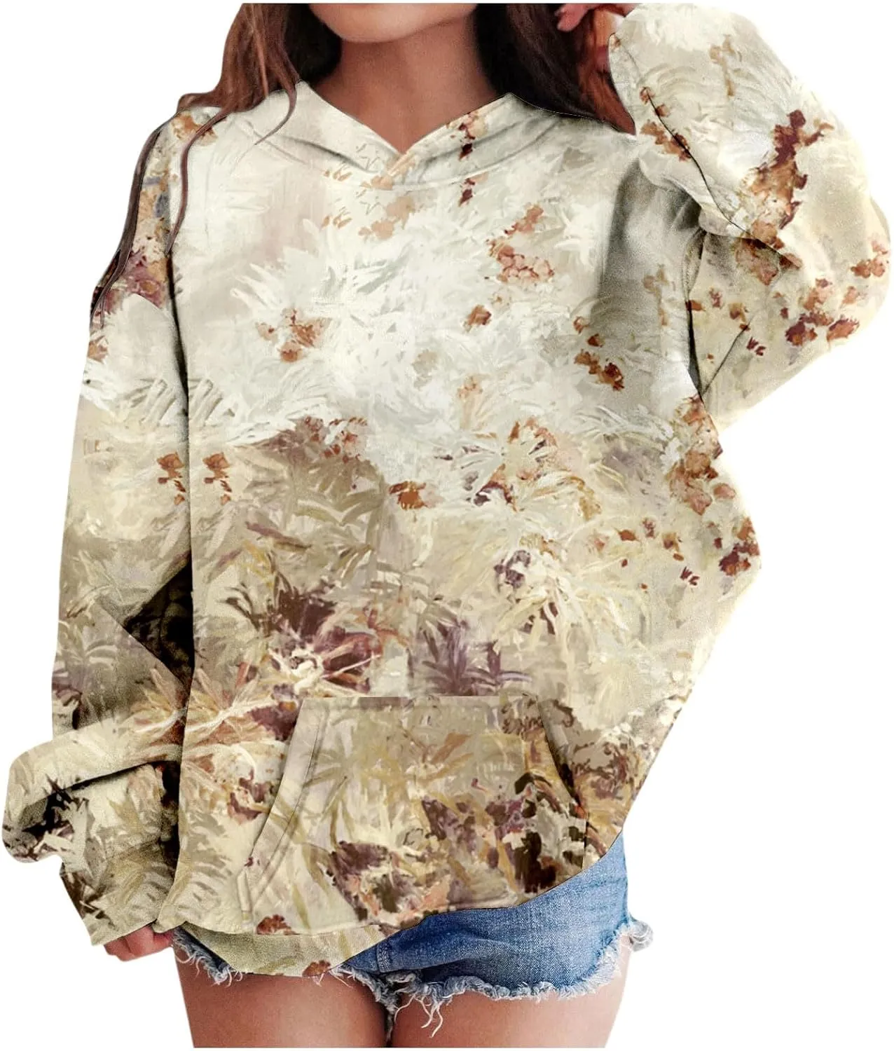 Camo Hoodies for Teen Girls Cute Sweatshirt Maple Leaf Print Oversized Fleece Sweatshirts Classic Pullover with Pocket