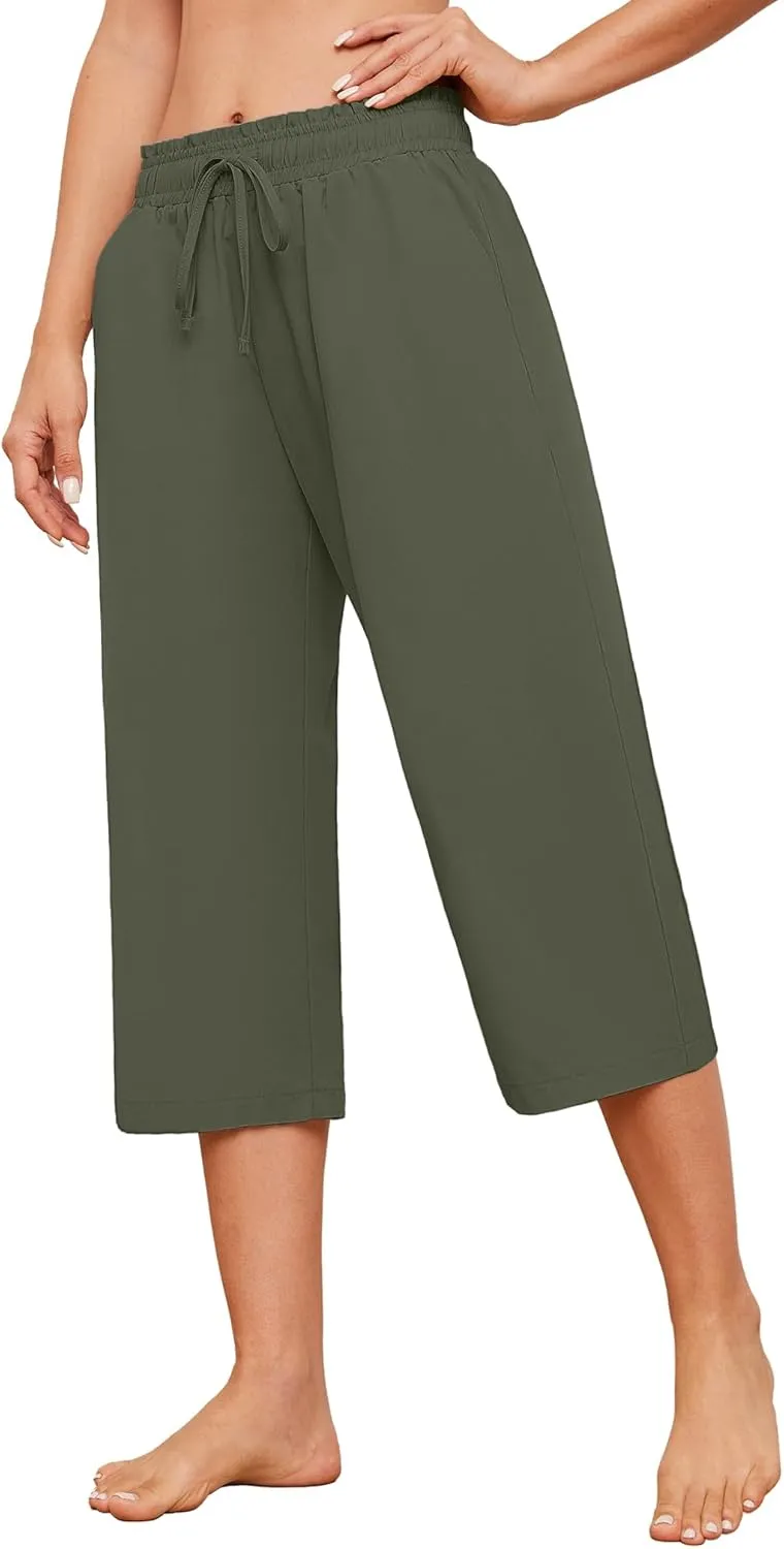 Capris Pants for Women Casual Summer High Waisted Drawstring Lounge Capris Pants Wide Leg Plus Size Hiking