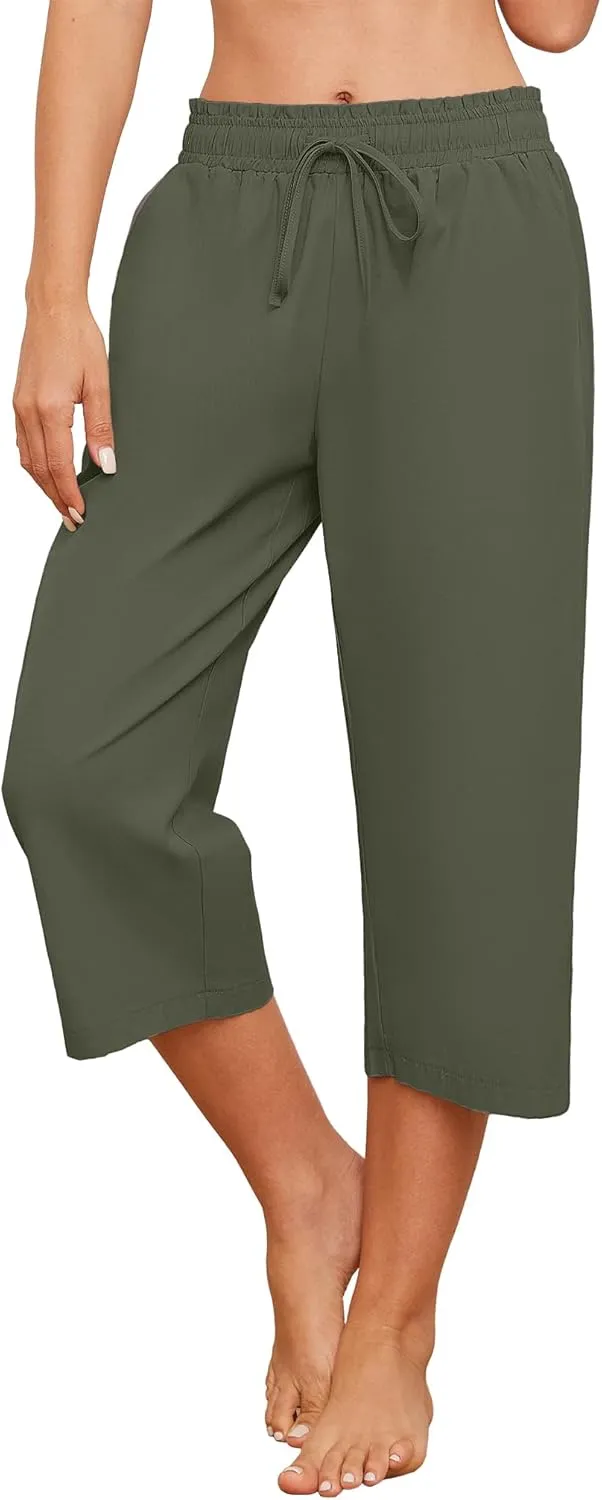 Capris Pants for Women Casual Summer High Waisted Drawstring Lounge Capris Pants Wide Leg Plus Size Hiking