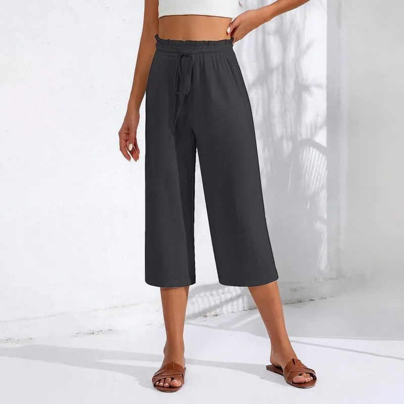 Capris Pants for Women Casual Summer High Waisted Drawstring Lounge Capris Pants Wide Leg Plus Size Hiking