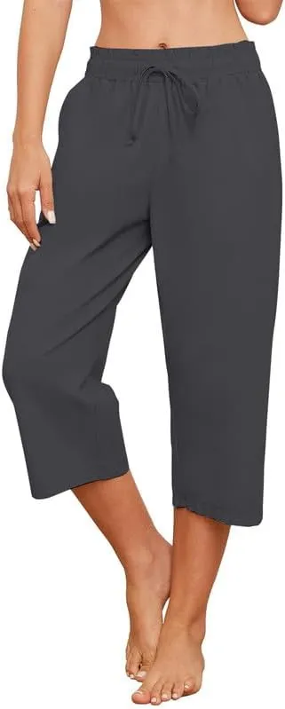 Capris Pants for Women Casual Summer High Waisted Drawstring Lounge Capris Pants Wide Leg Plus Size Hiking
