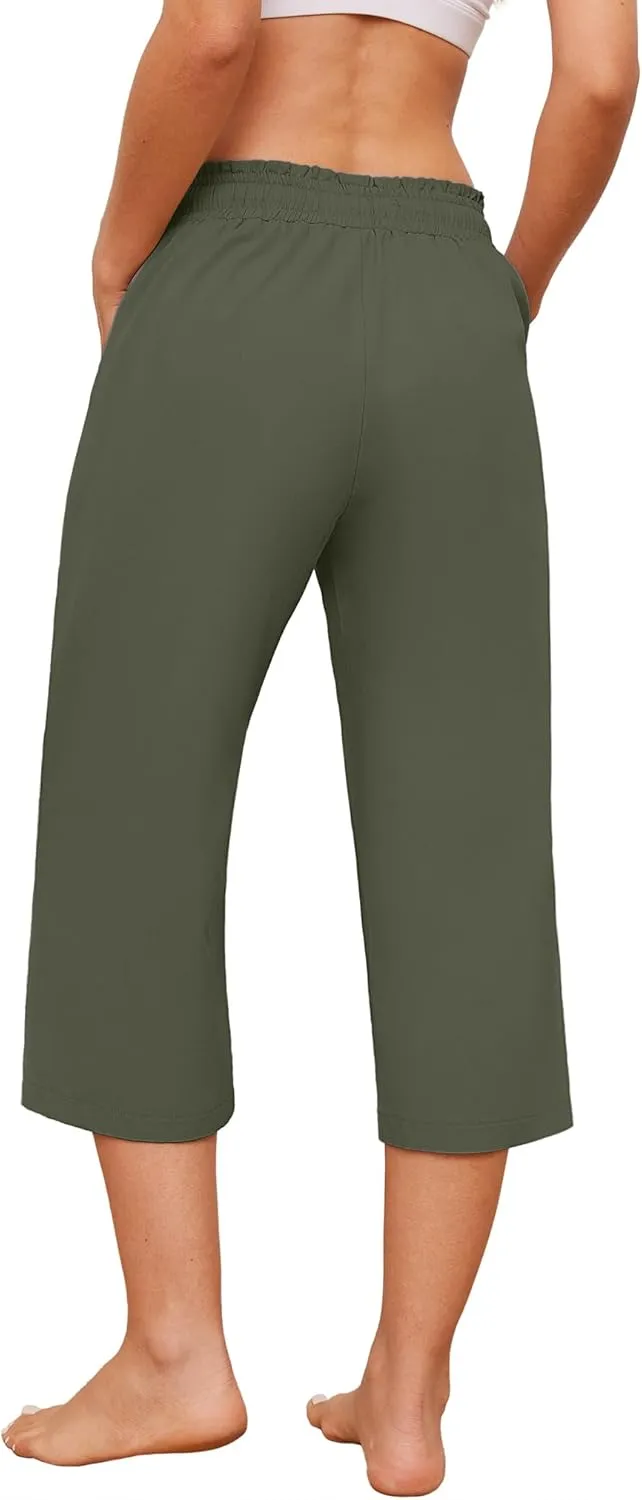 Capris Pants for Women Casual Summer High Waisted Drawstring Lounge Capris Pants Wide Leg Plus Size Hiking