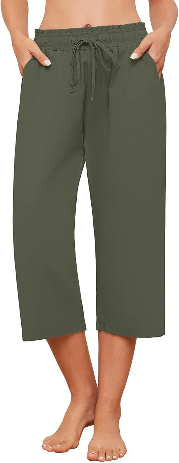 Capris Pants for Women Casual Summer High Waisted Drawstring Lounge Capris Pants Wide Leg Plus Size Hiking