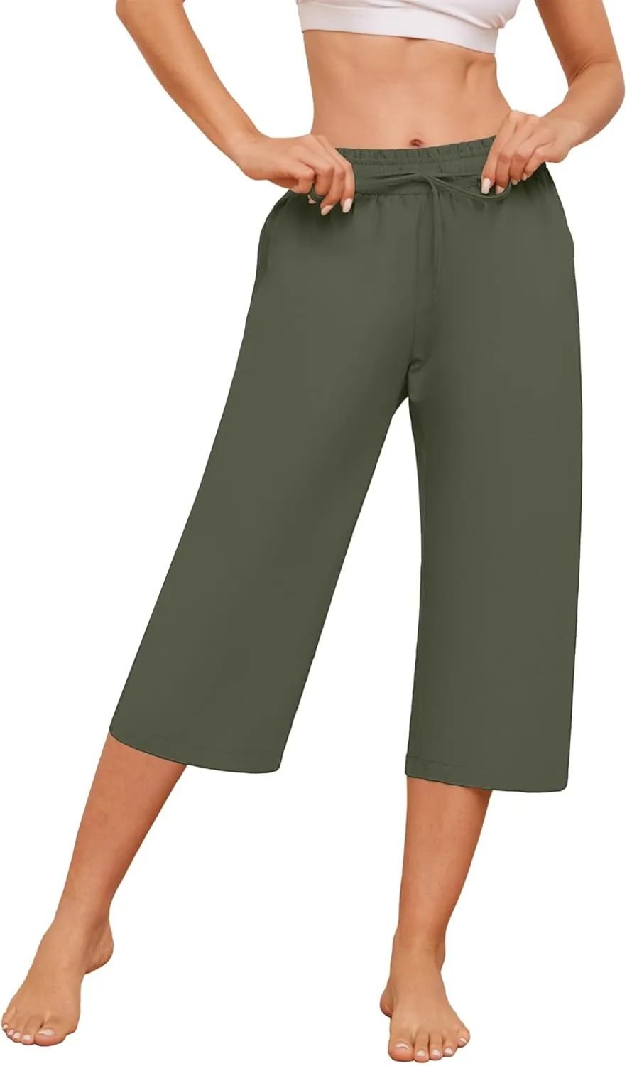 Capris Pants for Women Casual Summer High Waisted Drawstring Lounge Capris Pants Wide Leg Plus Size Hiking