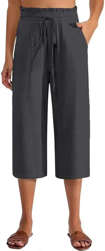 Capris Pants for Women Casual Summer High Waisted Drawstring Lounge Capris Pants Wide Leg Plus Size Hiking