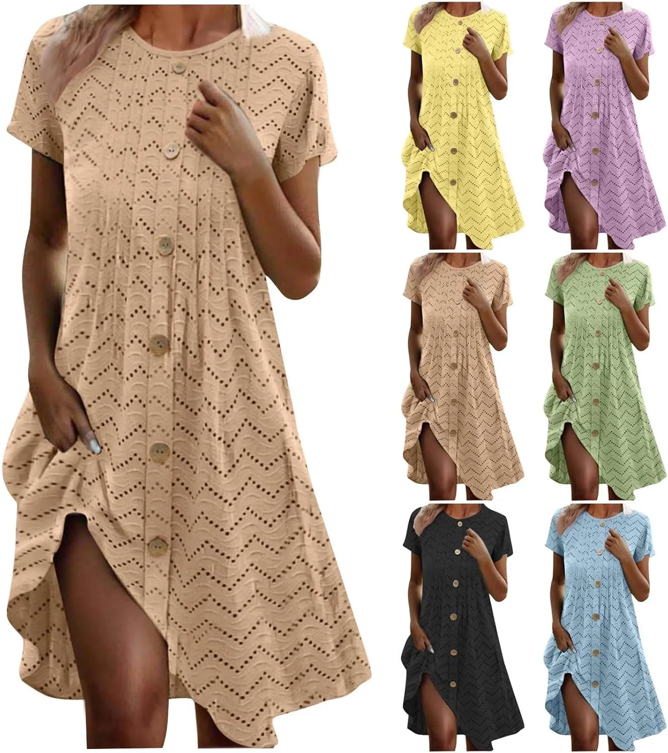 Casual Dresses for Women Summer Beach Vacation Swing Eyelet Sundresses Flowy Pleated Button Up t-Shirt Dress