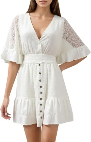 Casual Dresses for Women,2025 Summer V Neck Short Dress Mesh Flutter Sleeve Elastic Waist Mini Dress Boho Sundress