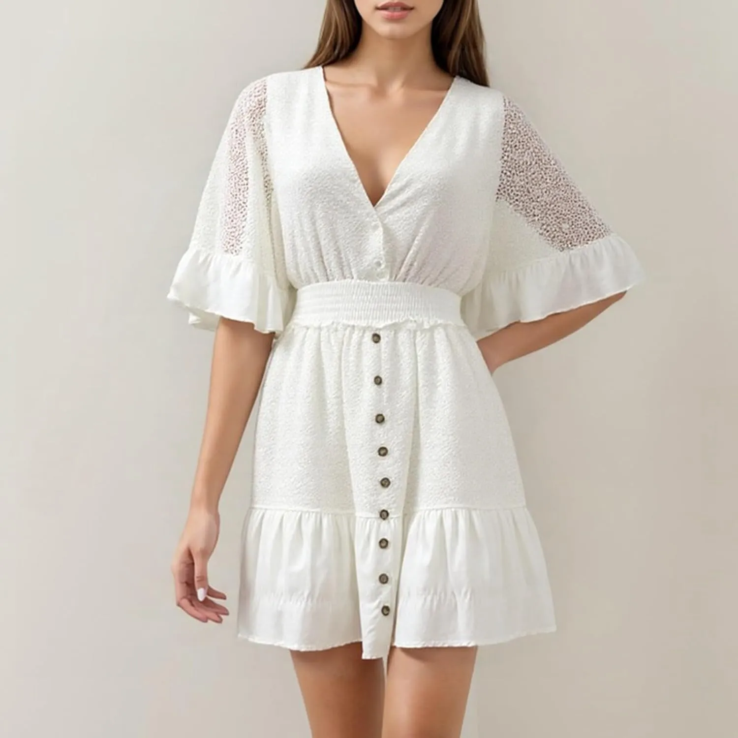 Casual Dresses for Women,2025 Summer V Neck Short Dress Mesh Flutter Sleeve Elastic Waist Mini Dress Boho Sundress