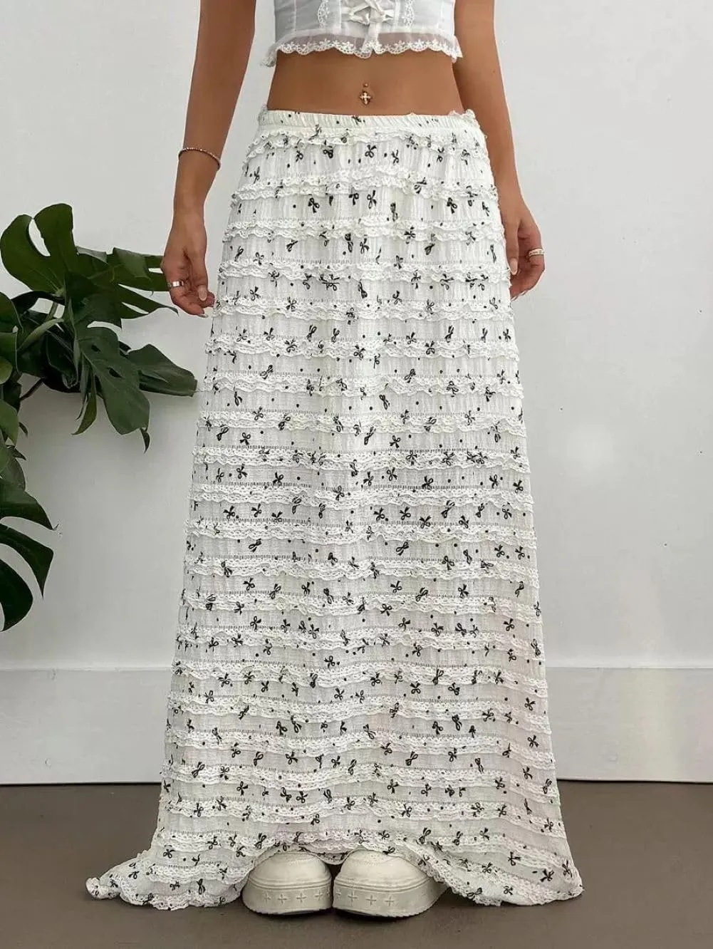 CHARTOU Women Y2k Lace Maxi Skirts Tiered Bow Print Elastic Waist Long Skirt
