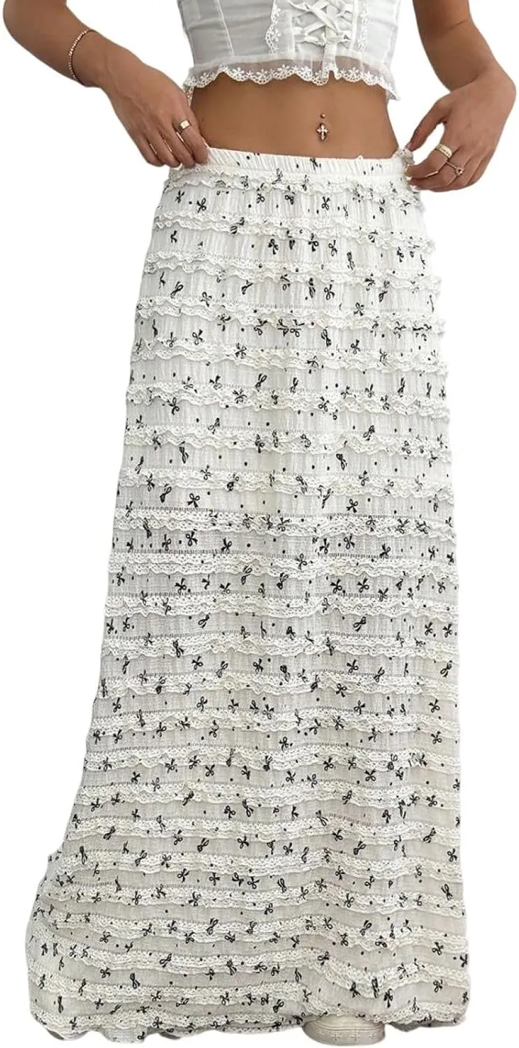 CHARTOU Women Y2k Lace Maxi Skirts Tiered Bow Print Elastic Waist Long Skirt