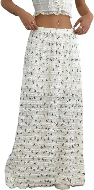 CHARTOU Women Y2k Lace Maxi Skirts Tiered Bow Print Elastic Waist Long Skirt