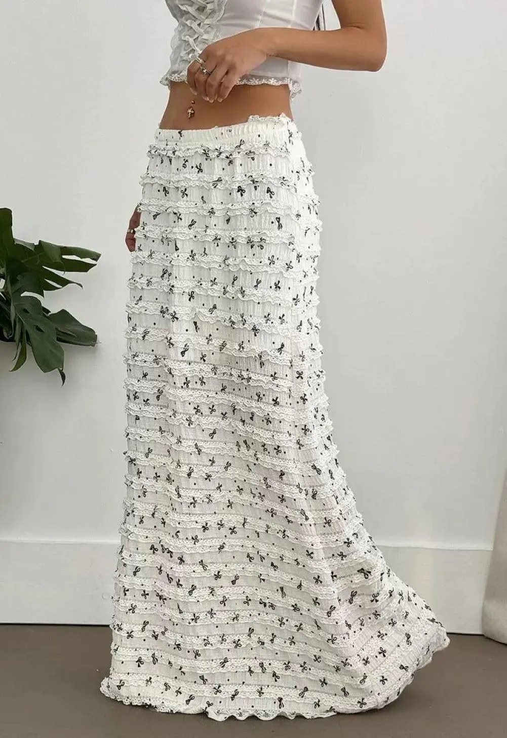CHARTOU Women Y2k Lace Maxi Skirts Tiered Bow Print Elastic Waist Long Skirt