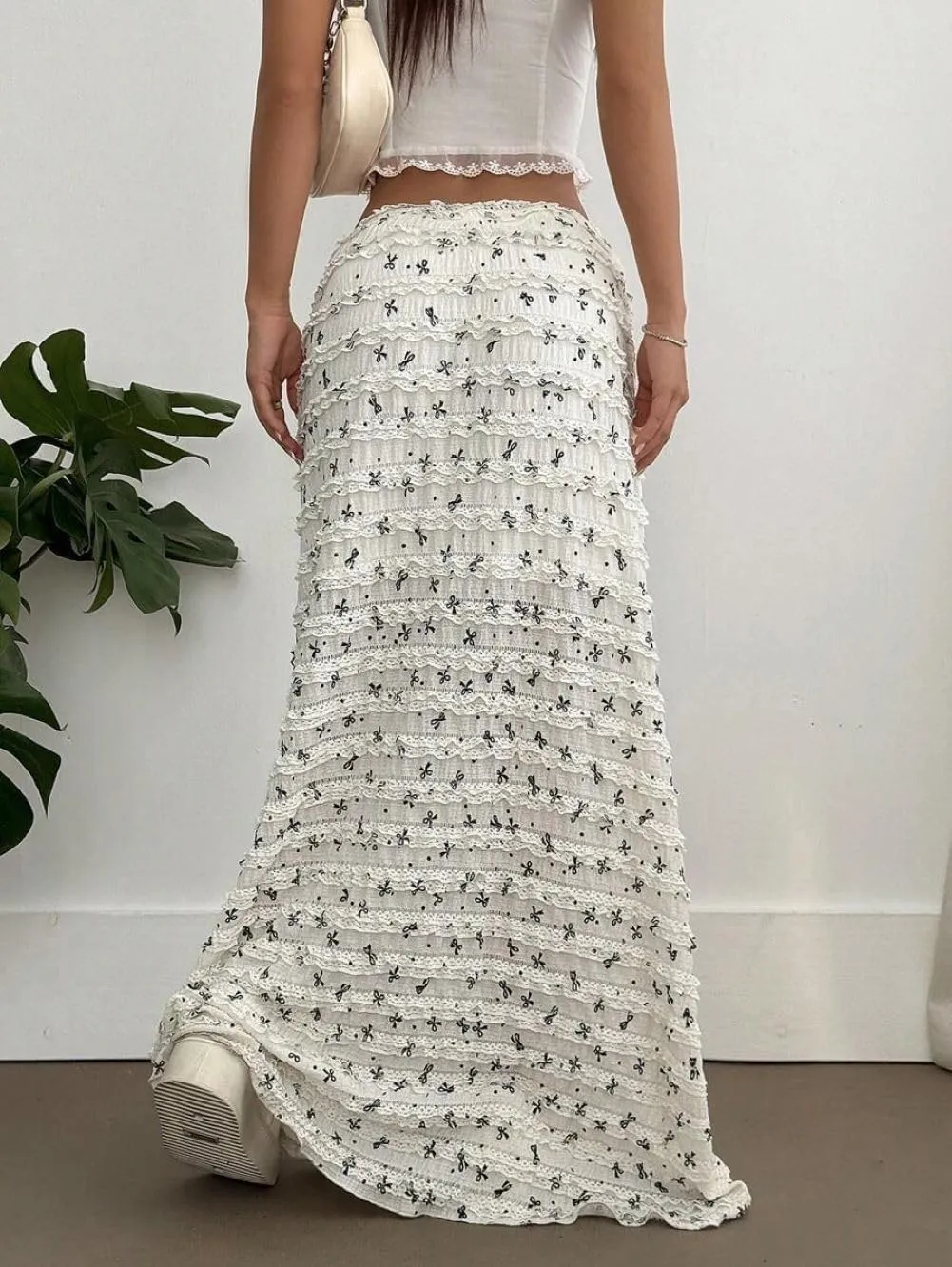 CHARTOU Women Y2k Lace Maxi Skirts Tiered Bow Print Elastic Waist Long Skirt