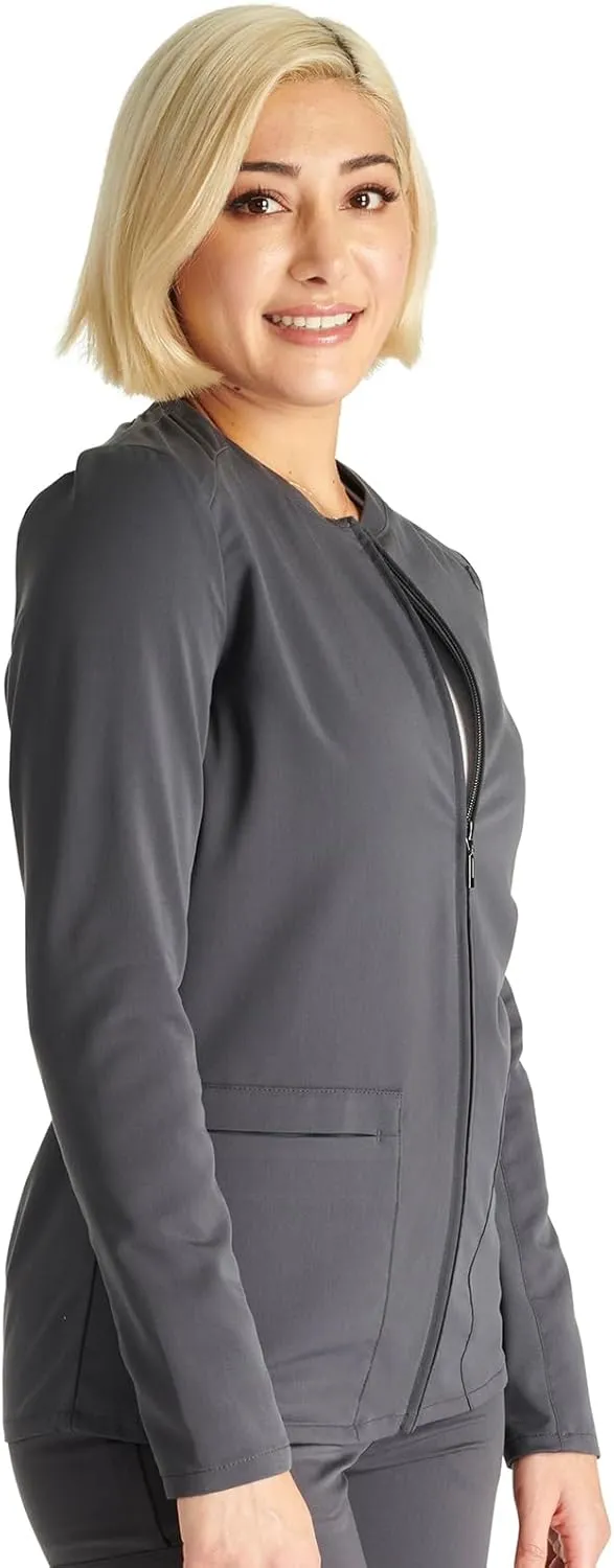 Cherokee Women Zip Scrub Jacket with 2 Pockets and Shirttail Hem Knit Sleeve CK356A