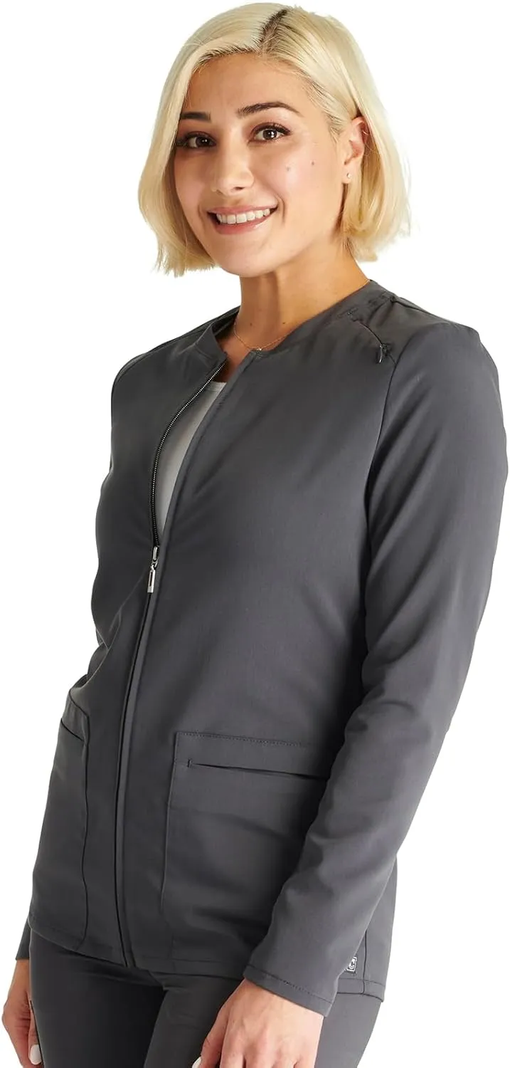 Cherokee Women Zip Scrub Jacket with 2 Pockets and Shirttail Hem Knit Sleeve CK356A
