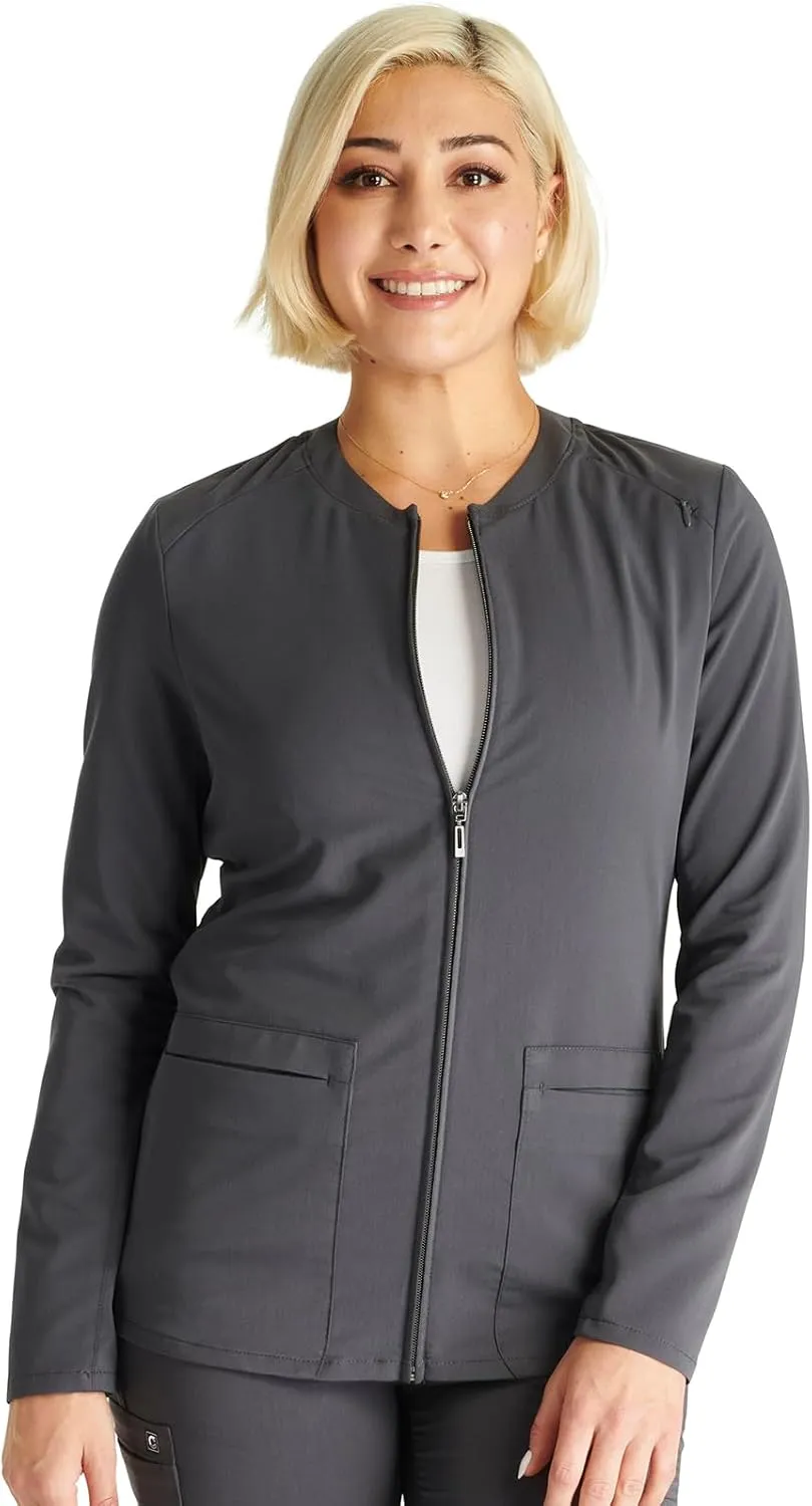 Cherokee Women Zip Scrub Jacket with 2 Pockets and Shirttail Hem Knit Sleeve CK356A