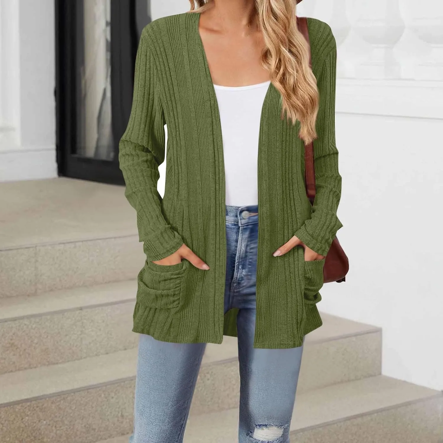 Chunky Cardigan Sweaters for Women Lightweight Open Front Knitted Cardigan Long Sleeve Outwear Coat with Pockets