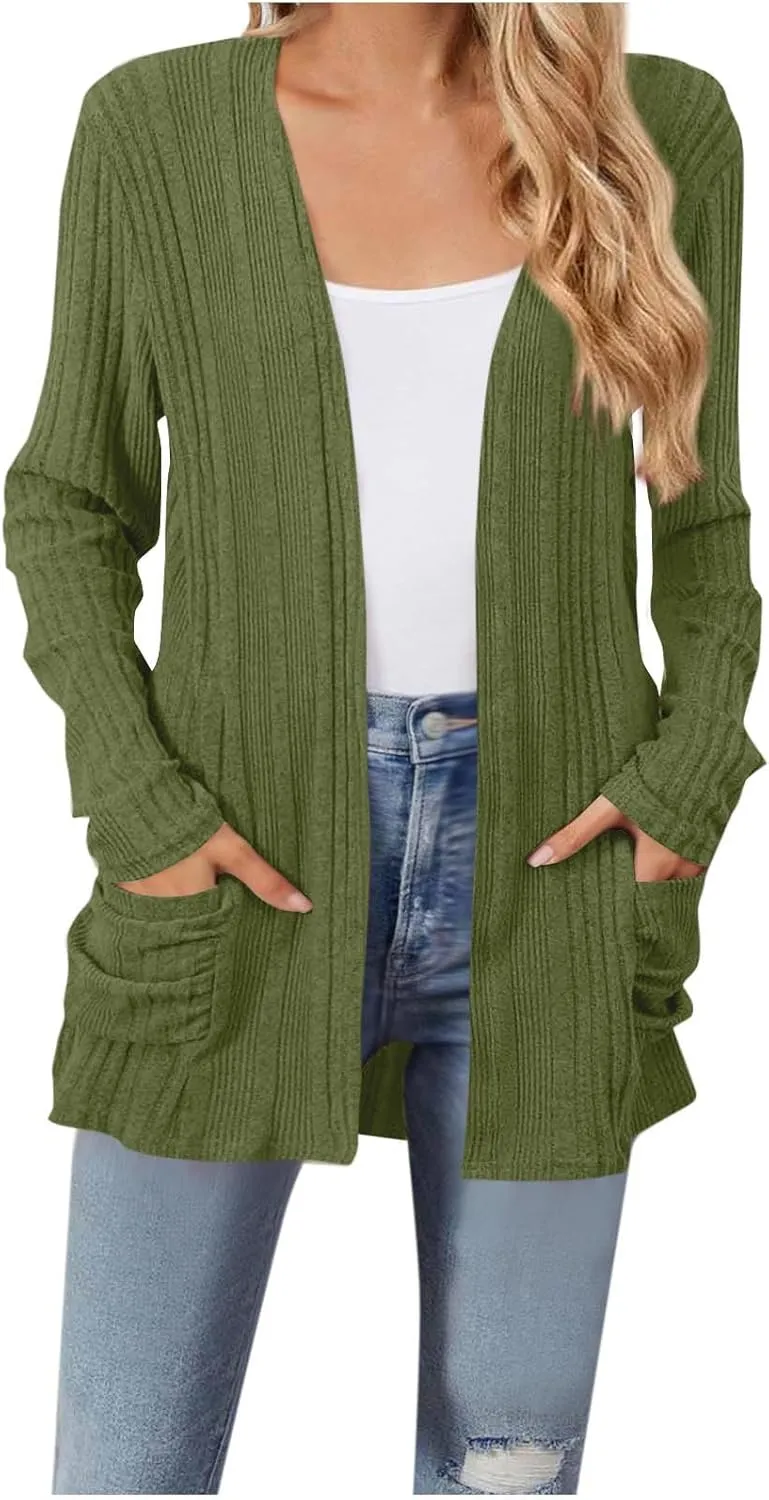 Chunky Cardigan Sweaters for Women Lightweight Open Front Knitted Cardigan Long Sleeve Outwear Coat with Pockets