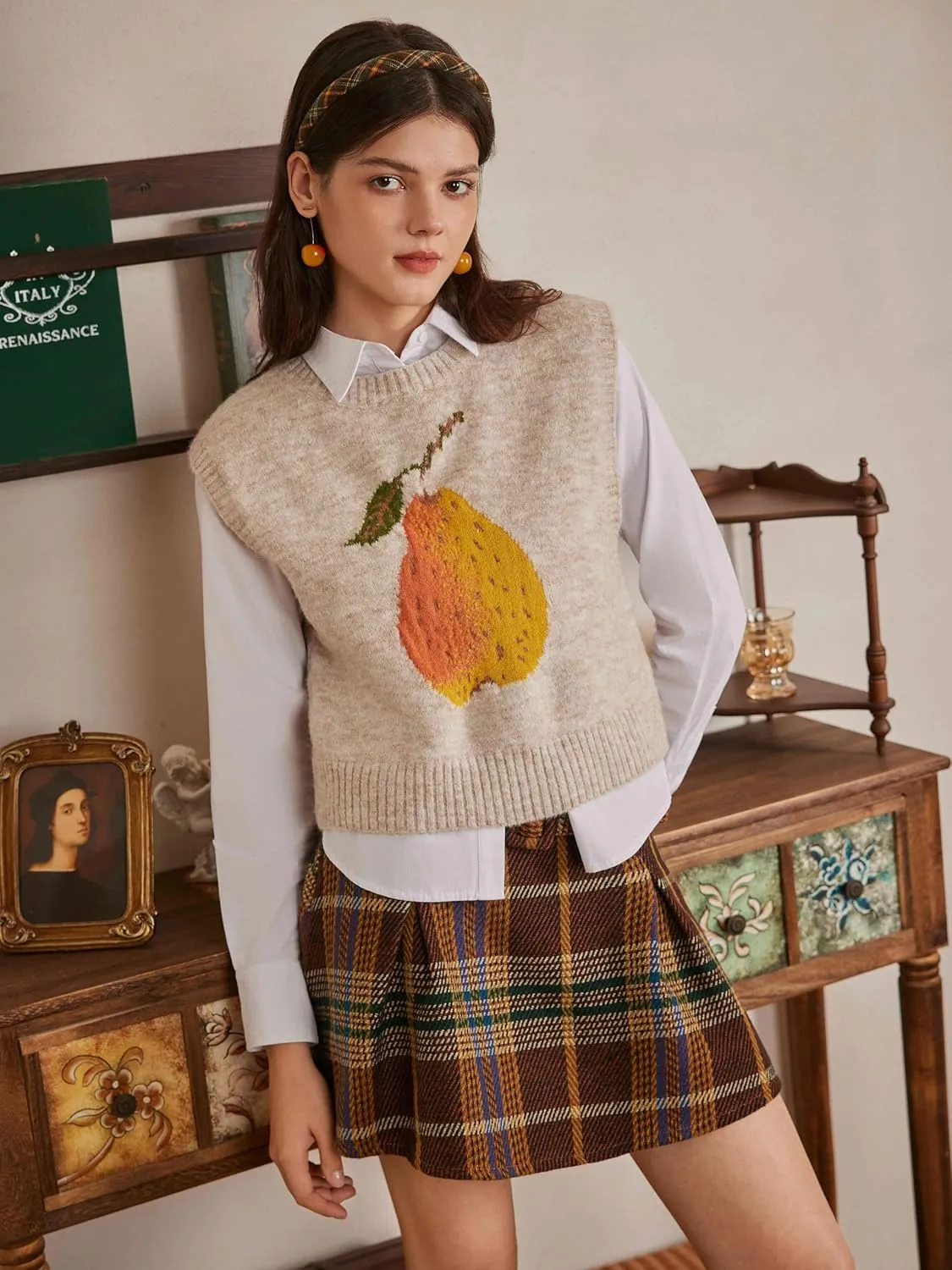 CIDER Womens Knit Wool-Blend Sleeveless Pear Graphic Sweater Vest Tank Top