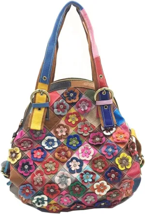 Color Matching Flowers Leather Handbags Multi-color Women's Shoulder Bags Tote Top Handle Laptop Work Bag, One Color, One Size