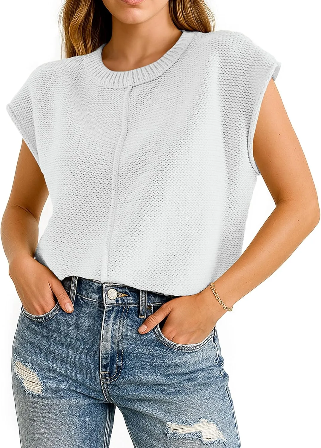 COSSEN Womens Summer Cap Sleeve Tops Trendy Casual Crew Neck Knit Lightweight Sweater Pullover Top