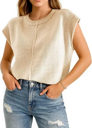 COSSEN Womens Summer Cap Sleeve Tops Trendy Casual Crew Neck Knit Lightweight Sweater Pullover Top