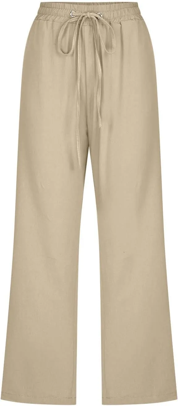 Cotton Linen Capri Pants for Women 2025 Casual Summer Drawstring Elastic Waist Wide Leg Cropped Trousers with Pockets