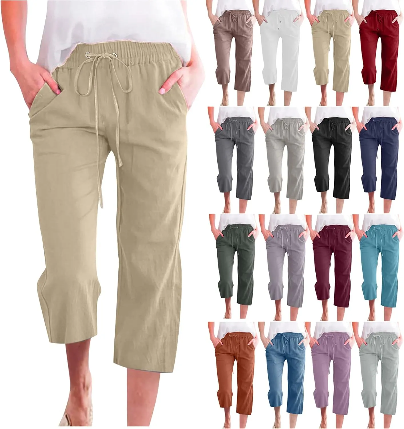 Cotton Linen Capri Pants for Women 2025 Casual Summer Drawstring Elastic Waist Wide Leg Cropped Trousers with Pockets