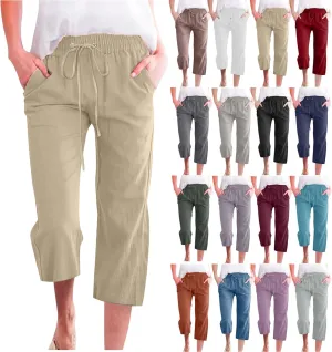 Cotton Linen Capri Pants for Women 2025 Casual Summer Drawstring Elastic Waist Wide Leg Cropped Trousers with Pockets