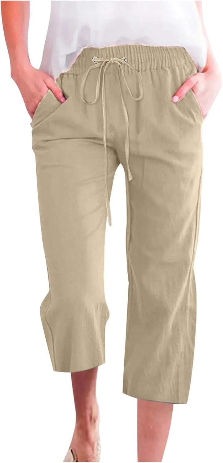 Cotton Linen Capri Pants for Women 2025 Casual Summer Drawstring Elastic Waist Wide Leg Cropped Trousers with Pockets