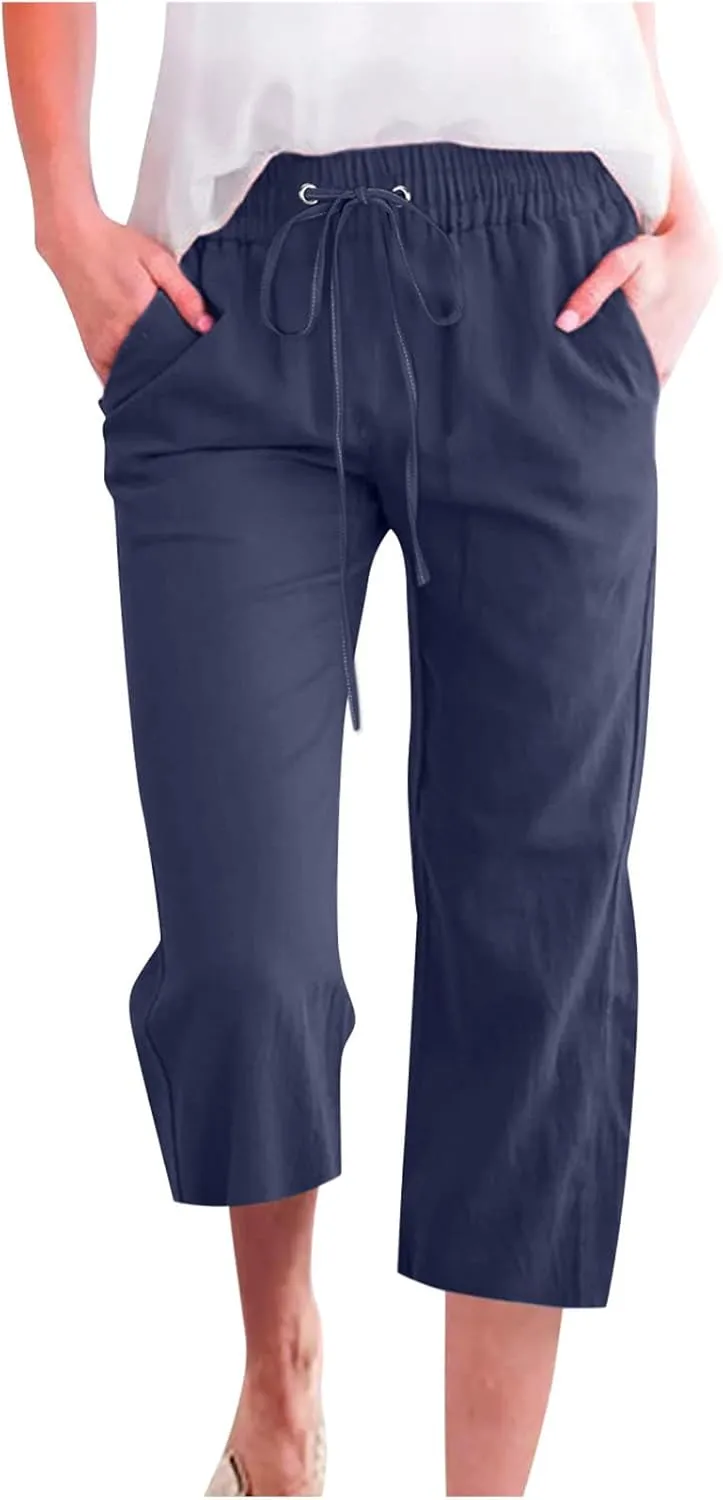 Cotton Linen Capri Pants for Women 2025 Casual Summer Drawstring Elastic Waist Wide Leg Cropped Trousers with Pockets